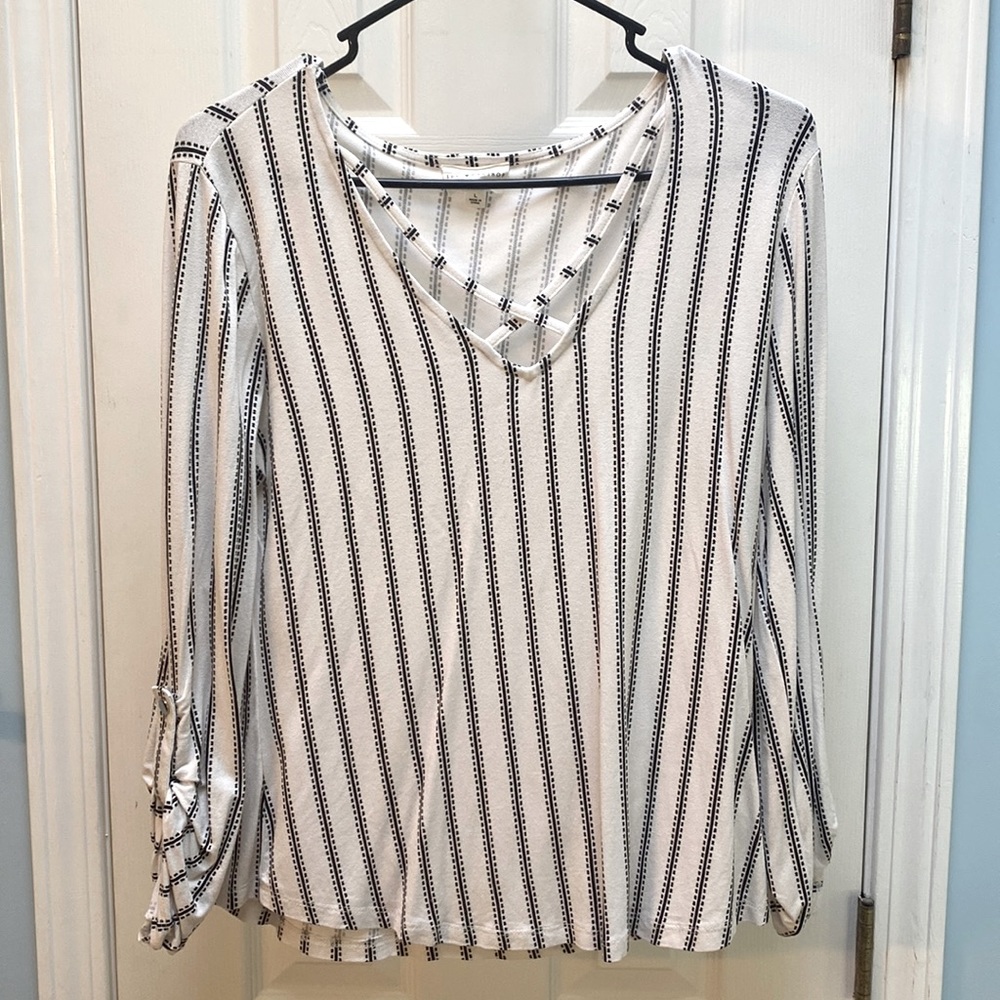Black and white The Workshop blouse w/ cross detail on front